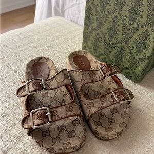 Gucci Beige & Brown GG Monogram Double-Buckle Slides